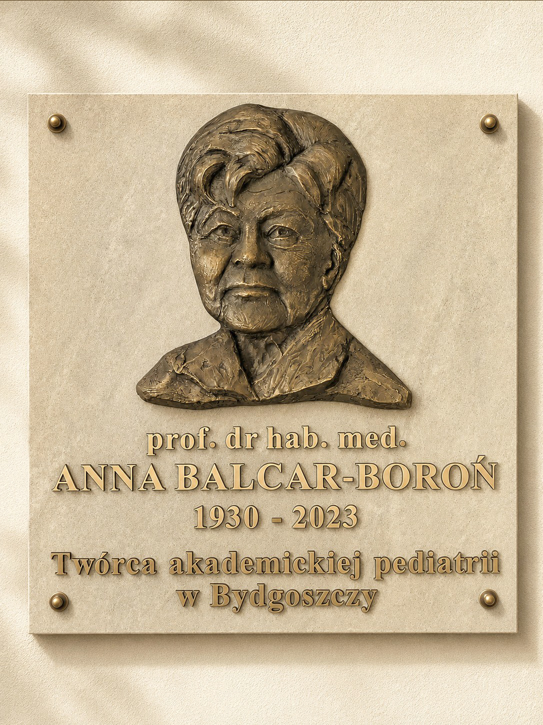 Autorska tablica pamiątkowa z brązową płaskorzeźbą prof. Anny Balcar-Boroń wykonana dla Collegium Medicum Uniwersytetu Mikołaja Kopernika w Bydgoszczy.