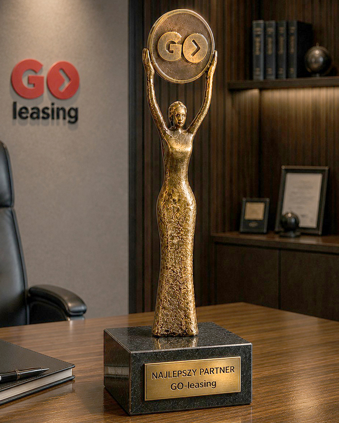 Statuetka GO-leasing wykonana przez Jerzego Stankiewicza dla najlepszych partnerów biznesowych sieci leasingowej.