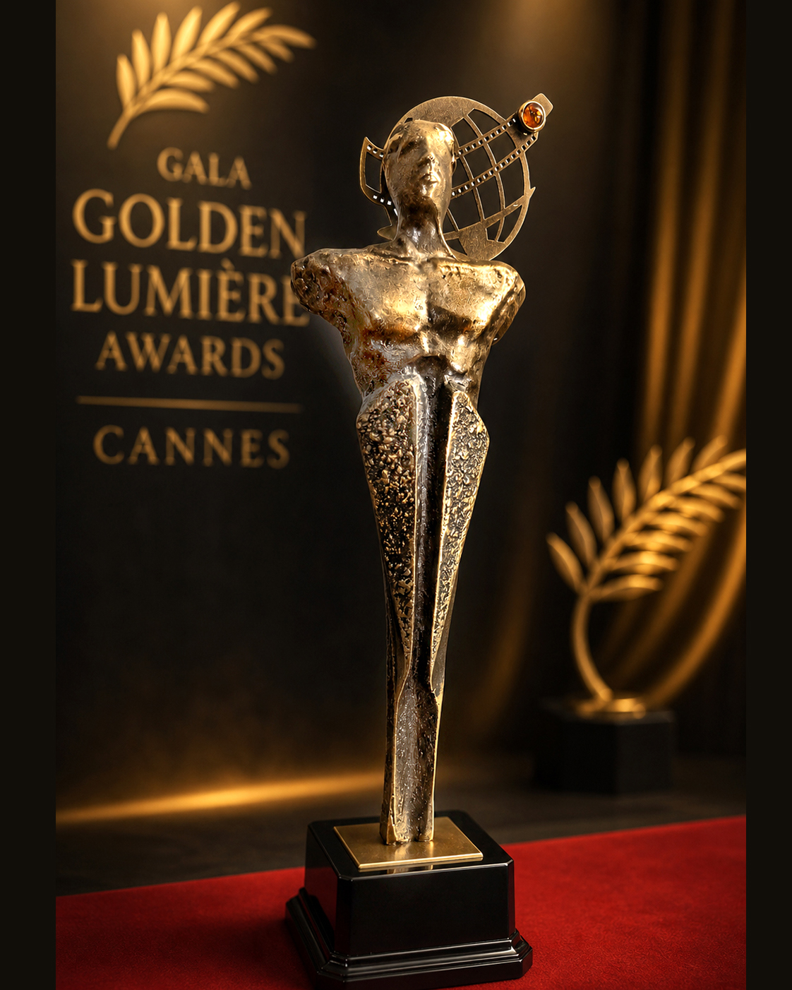Statuetka Osobowość Światowa wykonana przez Jerzego Stankiewicza dla gali Golden Lumière Awards w Cannes.