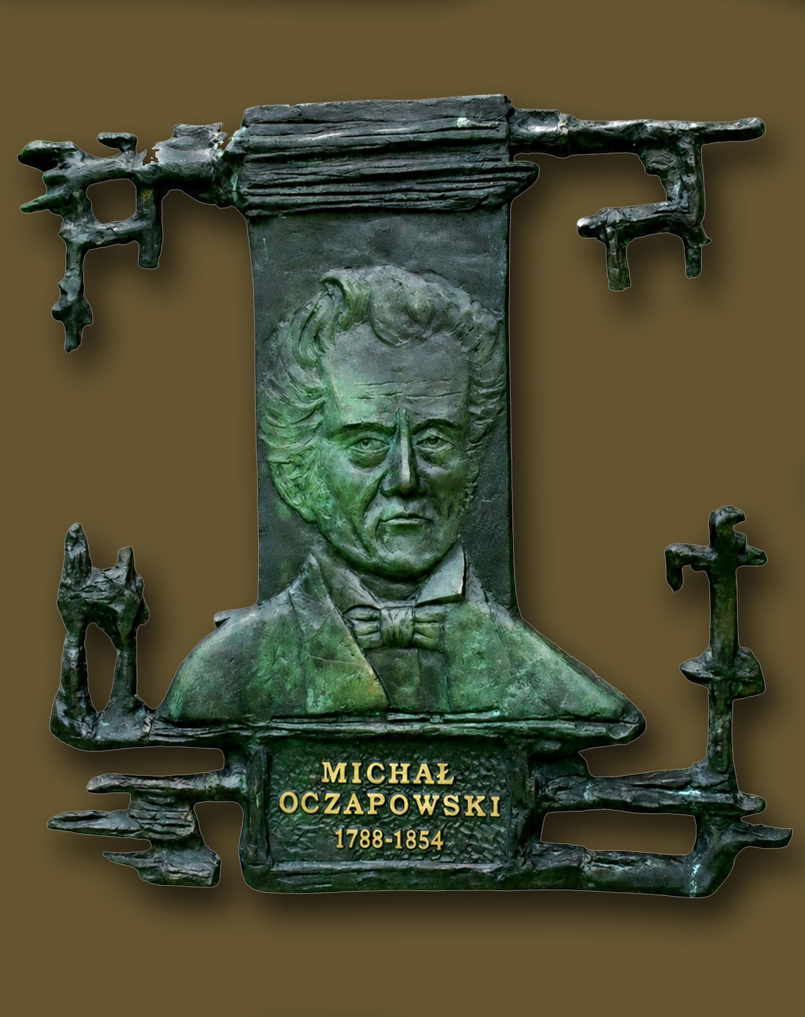 Płaskorzeźba Michała Oczapowskiego wykonana w brązie patynowanym, autorstwa Jerzego Stankiewicza, patron Akademii Rolniczo-Technicznej w Olsztynie.
