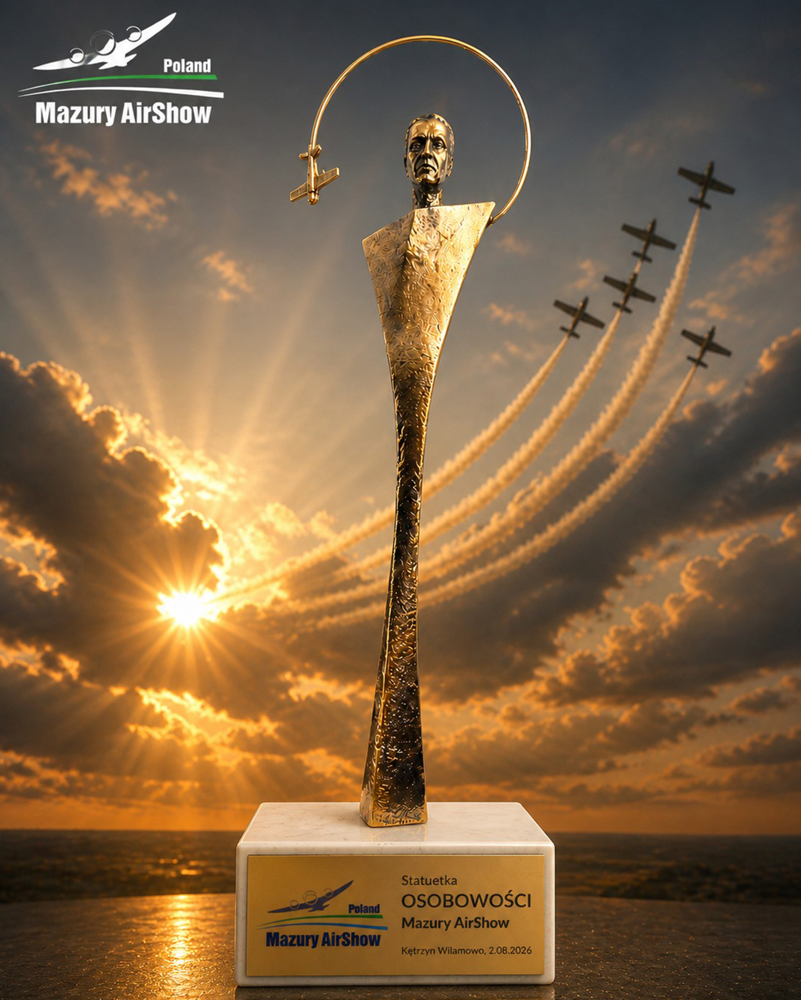 „Artystyczna statuetka Osobowość Lotnictwa wykonana przez Jerzego Stankiewicza dla Mazury AirShow. Smukła postać z sylwetką samolotu na tle pokazów lotniczych i zachodzącego słońca.”
