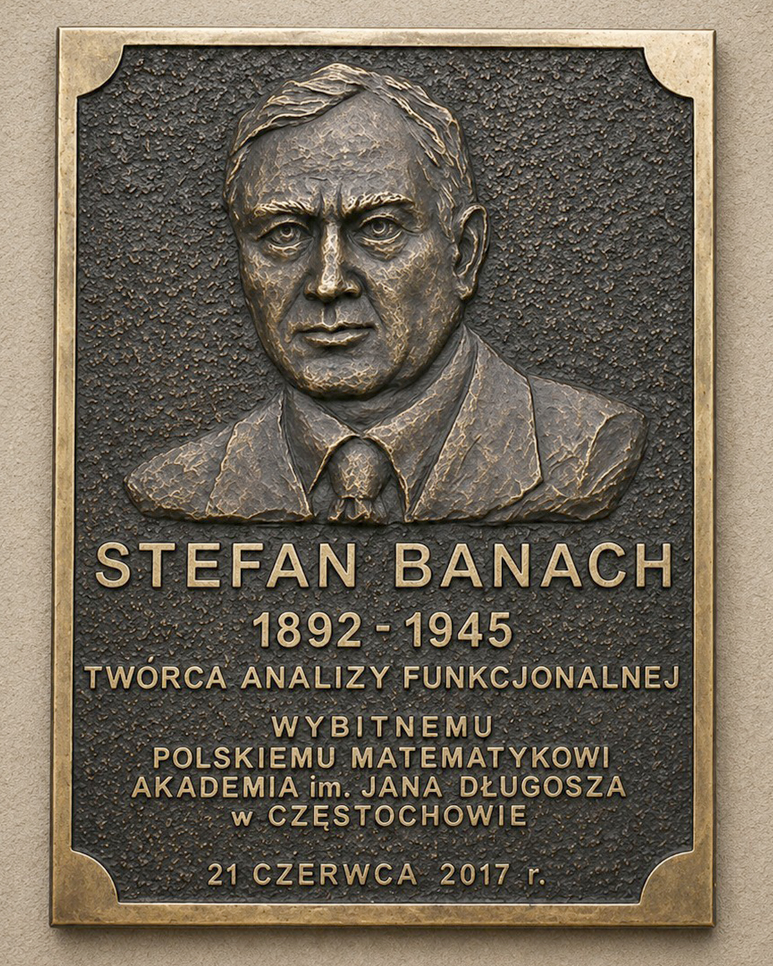 Brązowa tablica pamiątkowa Stefana Banacha z reliefowym portretem wybitnego polskiego matematyka, wykonana dla Akademii im. Jana Długosza w Częstochowie.