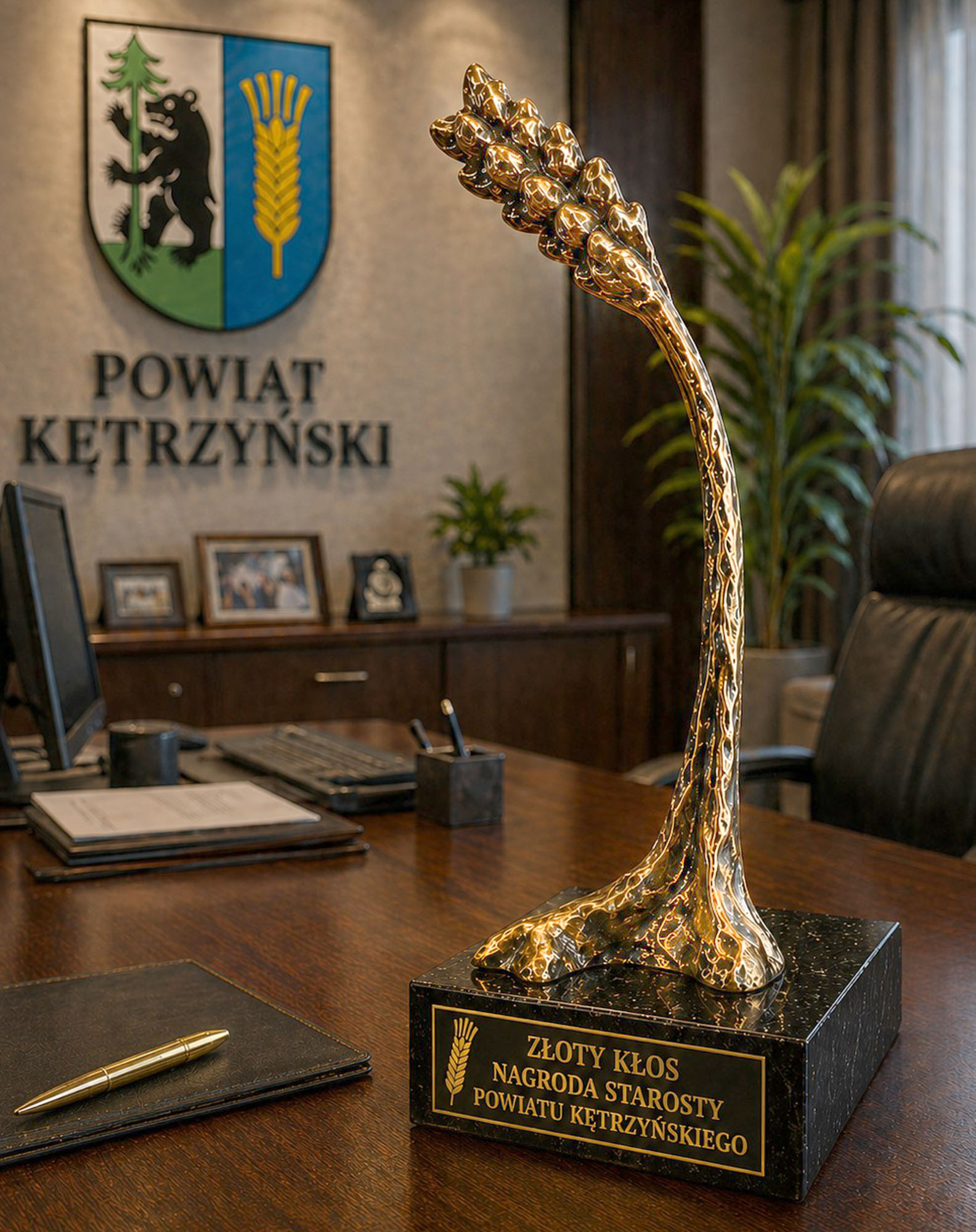 Statuetka „Złoty Kłos” autorstwa Jerzego Stankiewicza, wykonana dla Powiatu Kętrzyńskiego. Symbol rozwoju, pracy i lokalnej tożsamości regionu, inspirowany formą dojrzałego kłosa zboża.