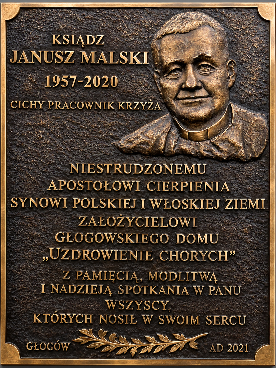 Tablica pamiątkowa z brązu ks. Janusza Malskiego w Głogowie – relief portretowy, projekt i wykonanie Jerzy Stankiewicz