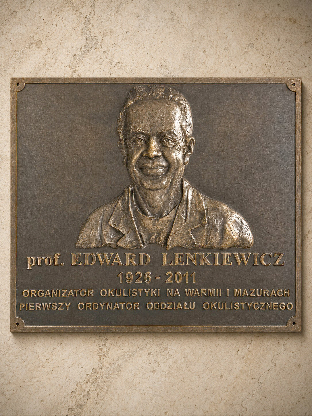 Tablica pamiątkowa z płaskorzeźbą prof. Edwarda Lenkiewicza wykonana dla Wojewódzkiego Szpitala Specjalistycznego w Olsztynie.